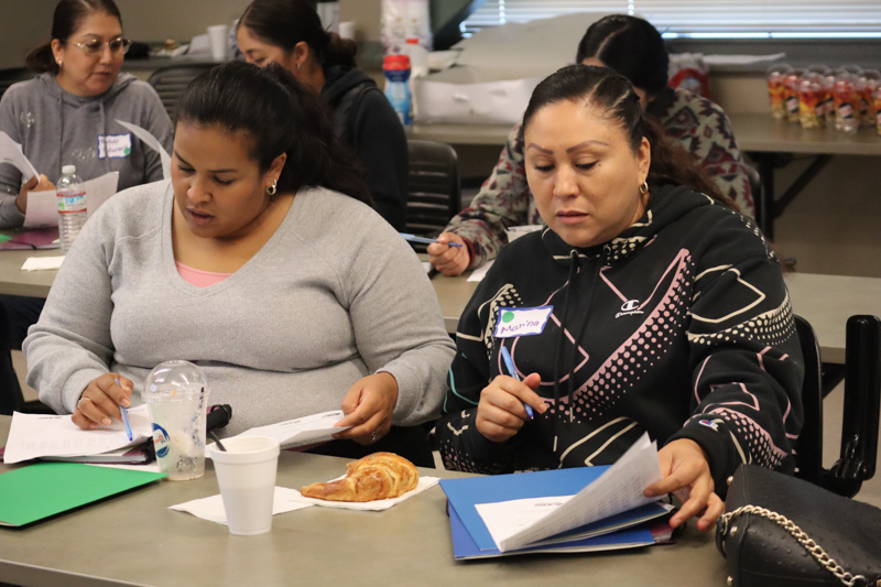Two FLE workshop participants looking at paperwork